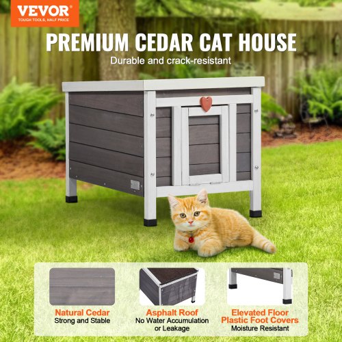 Outdoor Wooden Cat Shelter - Feral Cat House With Roof & PVC Door Flaps, Gray Cedar