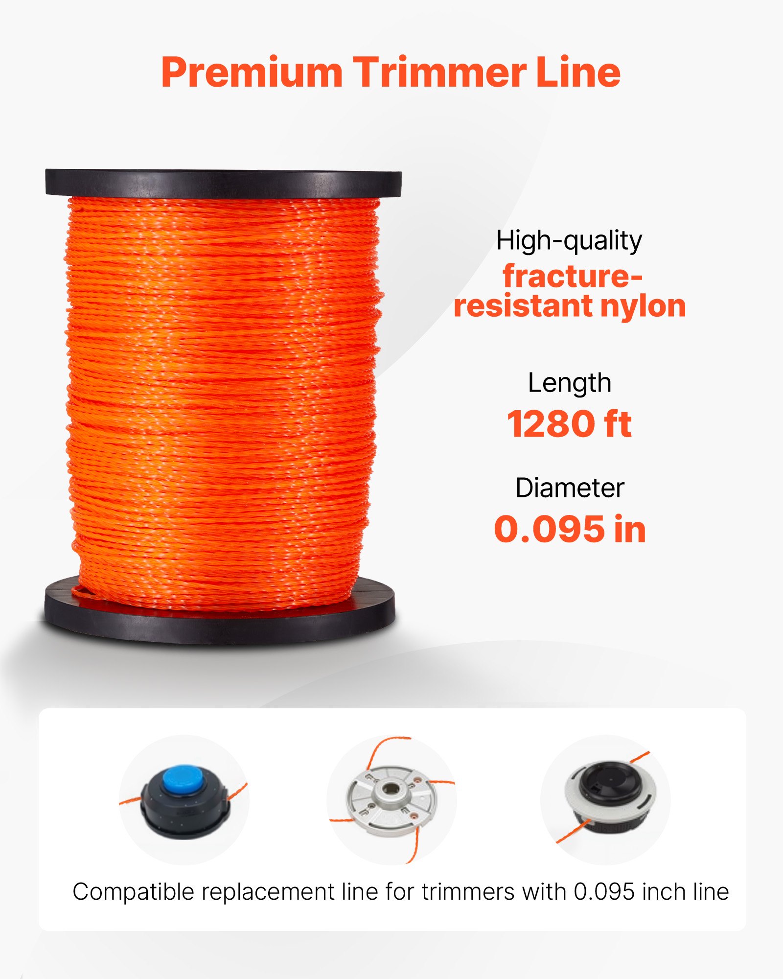 VEVOR 0.095 in 1280 ft String Trimmer Line, Orange Heavy Duty Weed ...