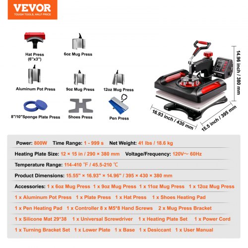 VEVOR 11 in 1 Heat Press, 12 x 15 Inch, Multifunctional Clamshell