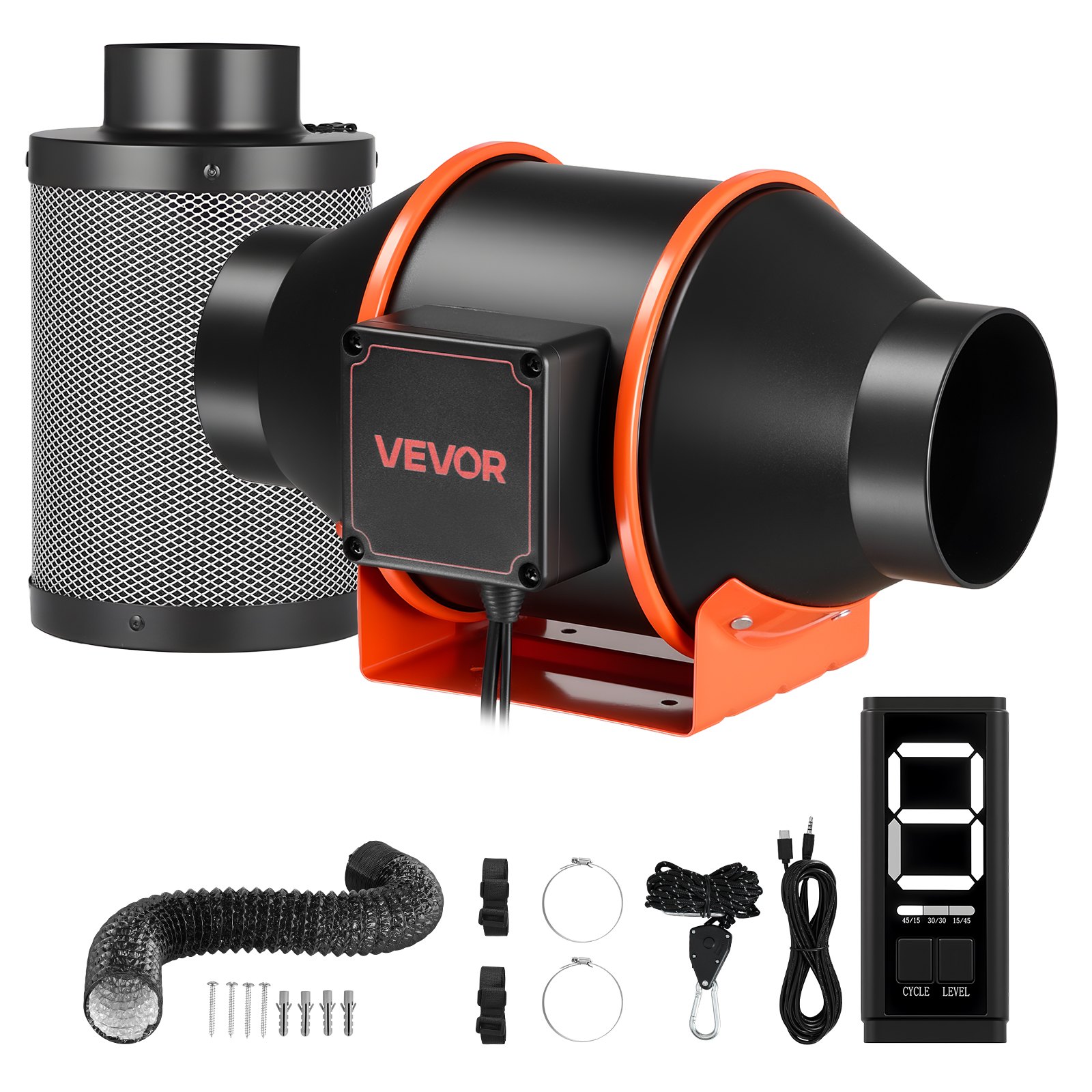 VEVOR Inline Duct Fan Kit with Carbon Filter, 205 CFM 4 inch EC Motor ...
