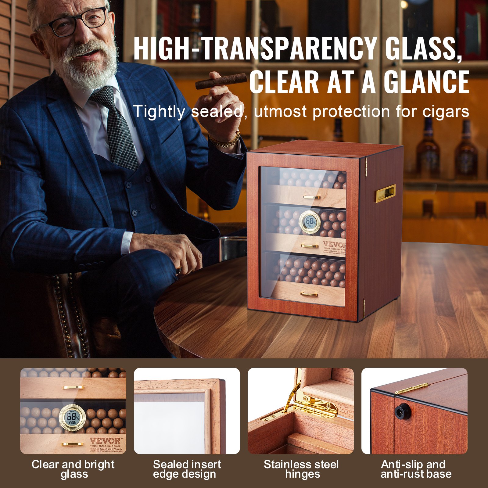 VEVOR 150 Cigar Humidor Cabinet Cedar Cigar Box Humidifier & Hygrometer ...