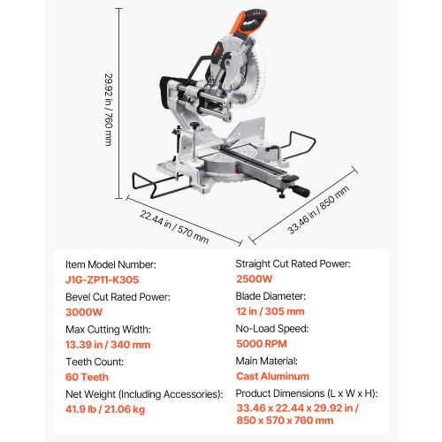 Bubu③ J726 VEVOR 12 Inch Dual Bevel Sliding Miter Saw – 15A, 5000 RPM