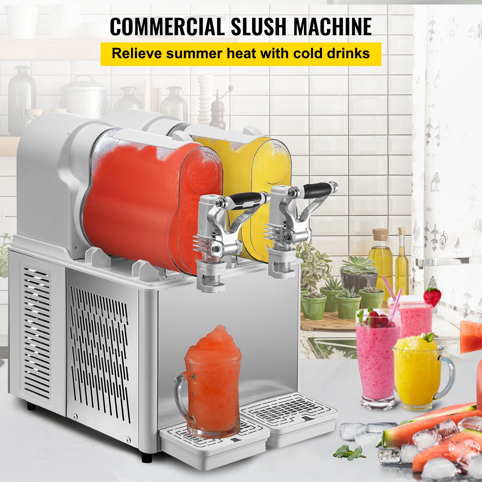 VEVOR Commercial Slushy Machine, 3LX2 Tank Slush Drink Maker, 340W ...