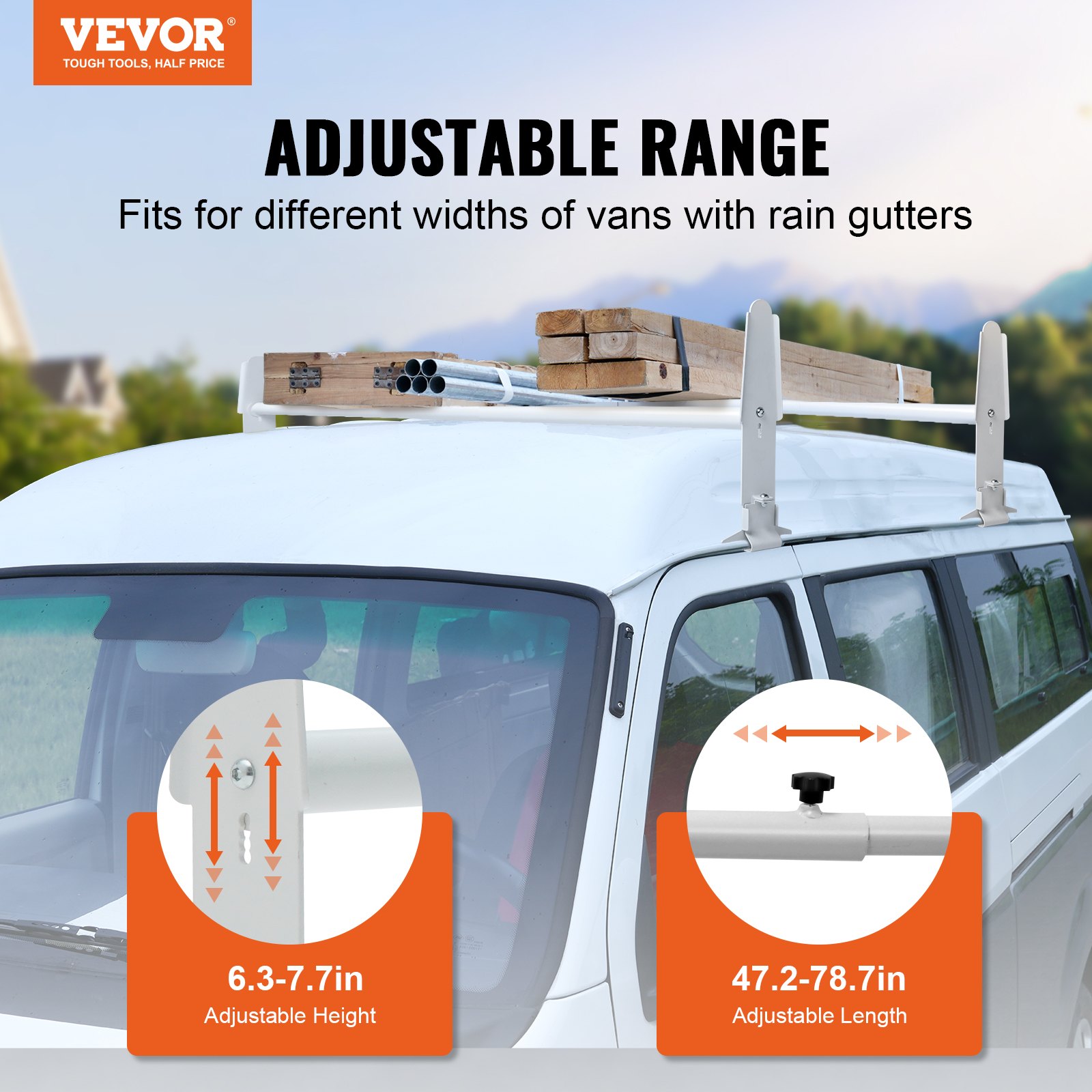 VEVOR Van Roof Ladder Rack, 2 Bar Alloy Steel Ladder Racks, Adjustable ...