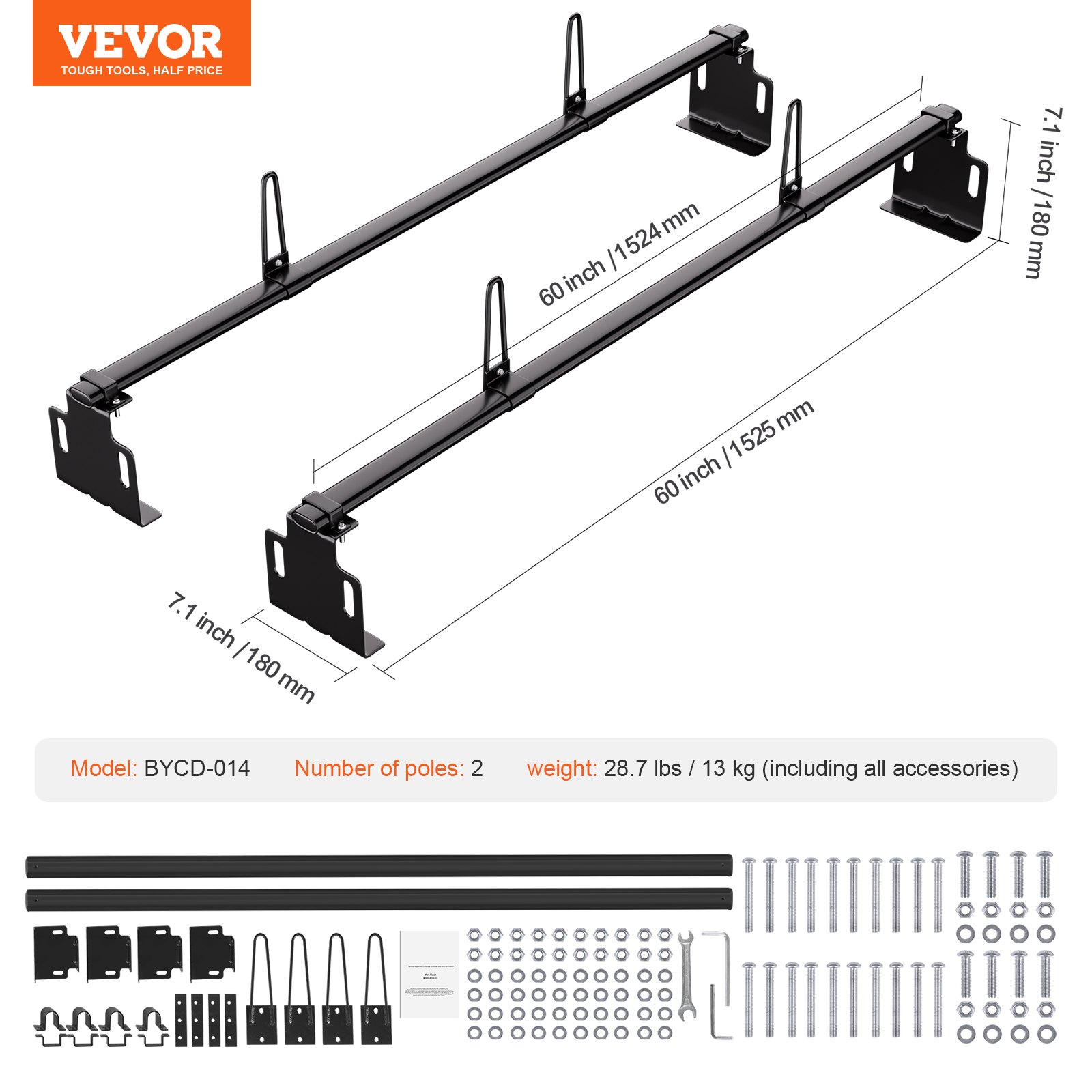 Vever Ladder Rack VEVOR Van Roof Ladder Rack – 500LBS Capacity, 2 Bars, Q235