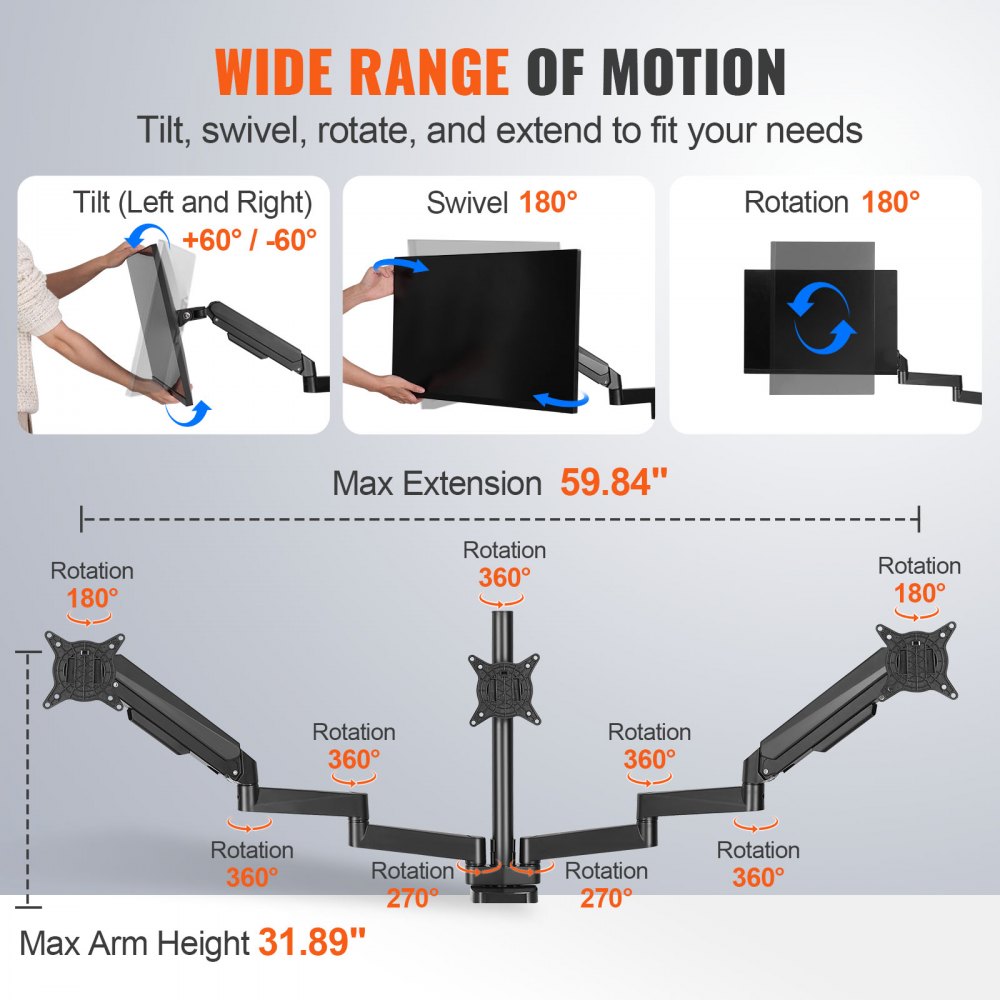UPGRAVITY Triple Monitor Desk Mount For Three Flat/Curved Computer Screens Up To 27 Inch, Fully Adjustable Gas Spring Triple Monitor Arms Hold Up To 17.6lbs, VESA 75x75/100x100mm