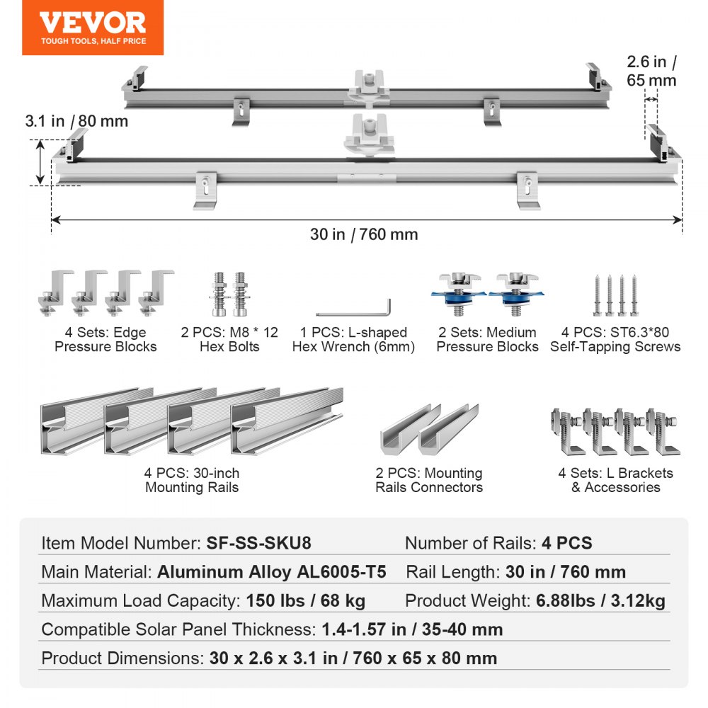 VEVOR Solar Panel Mounting Brackets, Solar Panel Mount Kit with 4 x 30 ...