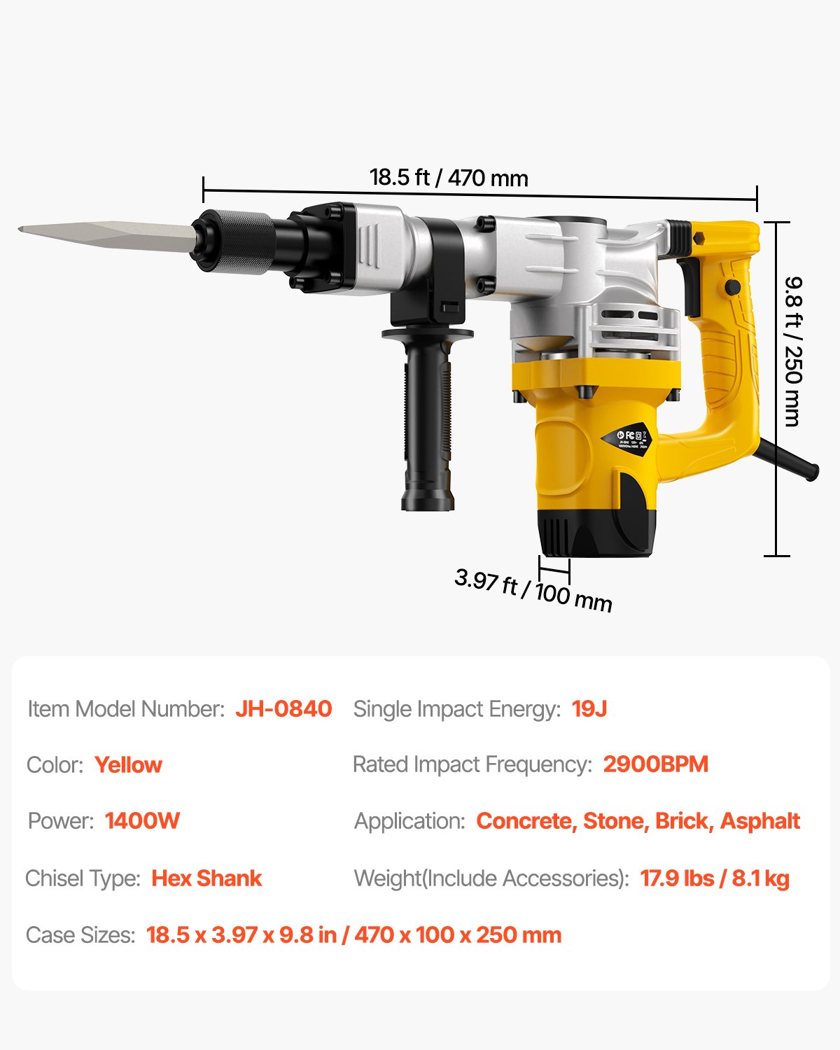 VEVOR Demolition Jack Hammer, 1400W Electric Jackhammer Heavy Duty ...