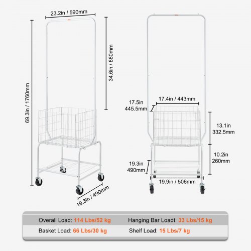 VEVOR Metal Rolling Laundry Basket with Hanging Garment Rack, Height ...