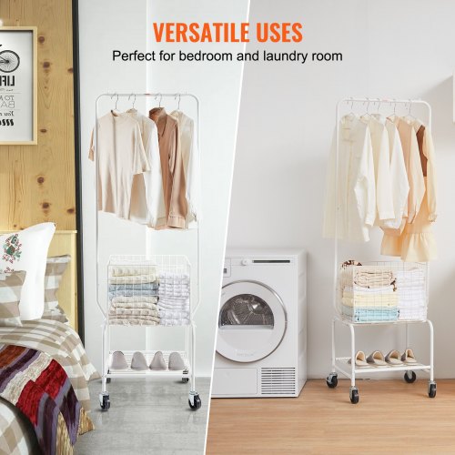 VEVOR Metal Rolling Laundry Basket with Hanging Garment Rack, Height ...