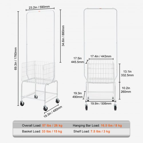 VEVOR Metal Rolling Laundry Basket with Hanging Garment Rack