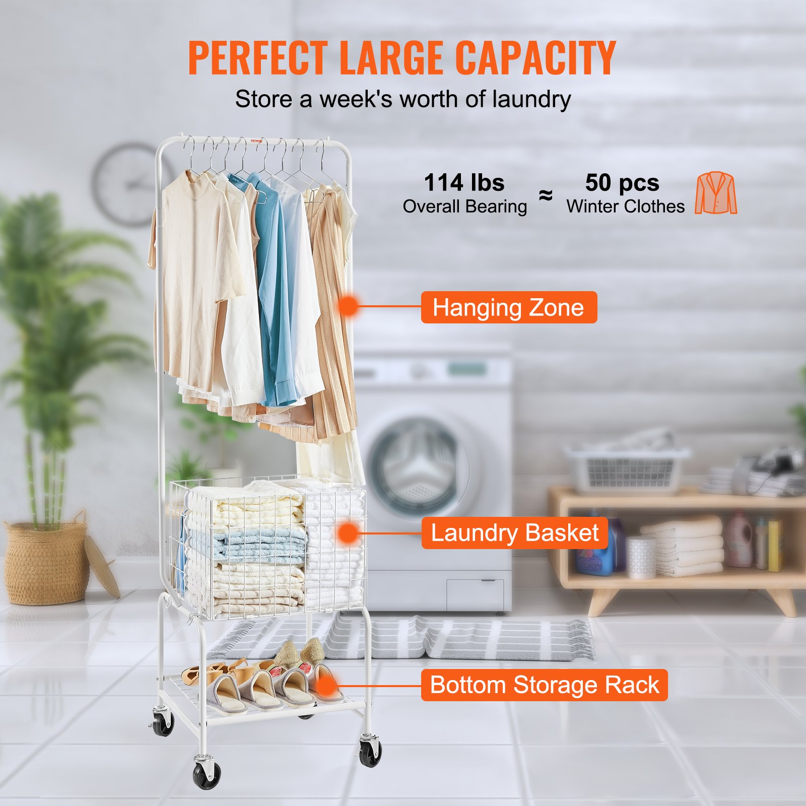 Laundry Rack Hamper VEVOR Metal Rolling Laundry Basket with Hanging Garment Rack, Height ...