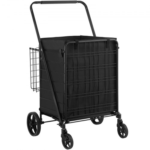 Folding Shopping Cart with Removable Waterproof Liner, 330LBS Jumbo Grocery Cart with Dual Basket, 360° Swivel Wheels, Heavy Duty Utility Cart