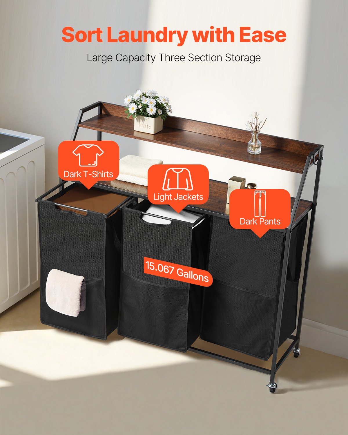 VEVOR 3-Section Laundry Hamper — Rolling Tall Sorter