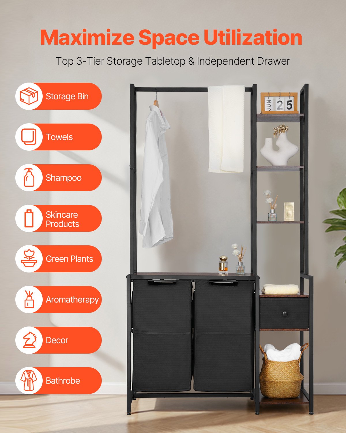VEVOR Laundry Sorter Hamper – 3 Tier Rack, 600D Bags