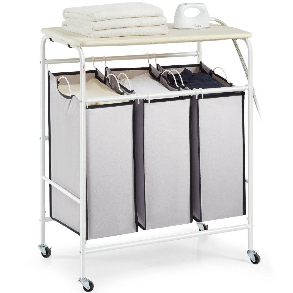 VEVOR 3Section Laundry Sorter Cart with Ironing Board, Laundry Hamper with Heavy Duty Lockable