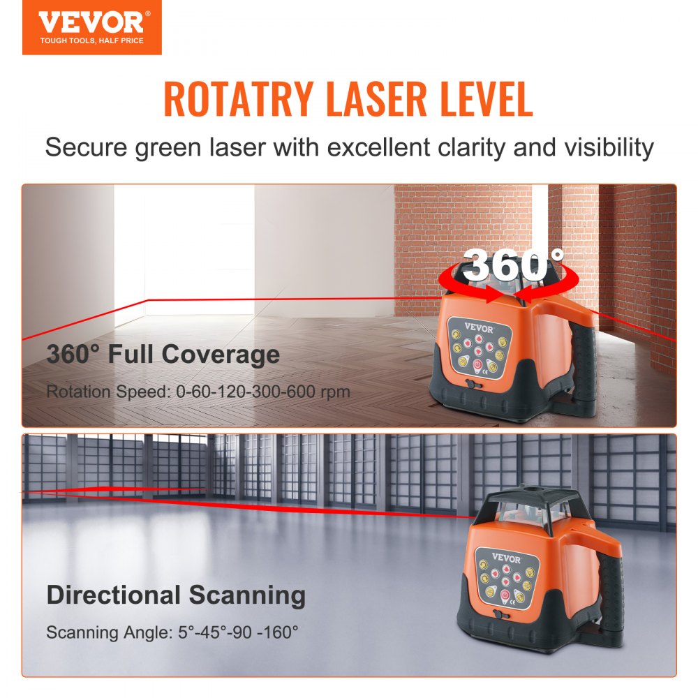 VEVOR Laser Level 1650ft 360 Degree Self Leveling Red Cross Line Laser 5 Rotation Speeds 4 Scanning Angles Adjustment IP66 Waterproof Remote