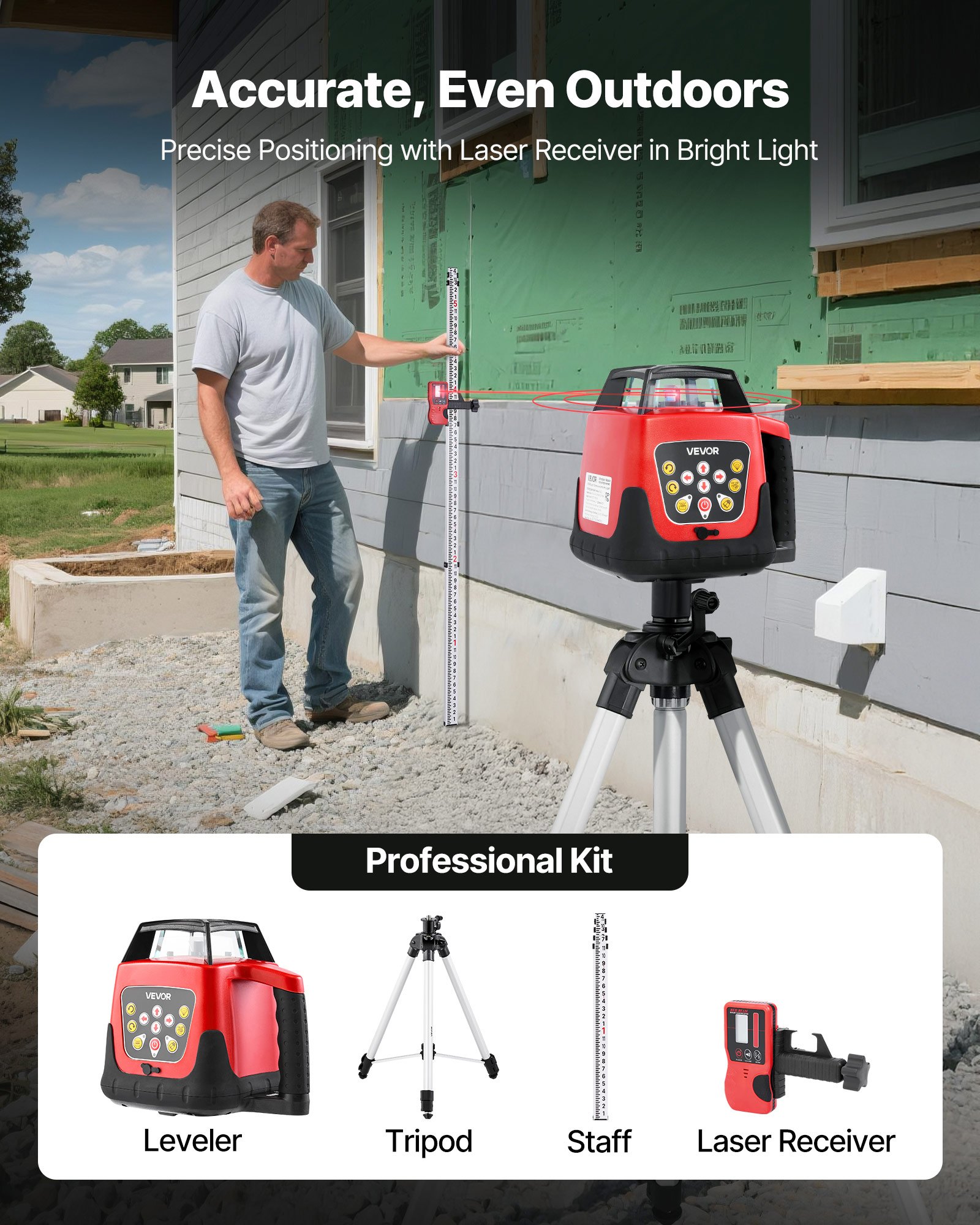 VEVOR Rotary Laser Level Kit, 1650ft 360-Degree Self Leveling Red ...