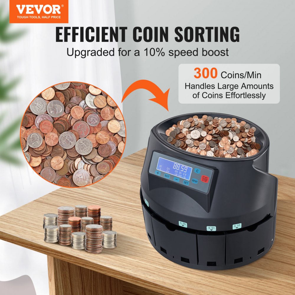 VEVOR USD Coin Sorter Coin Counter Wrapper and Roller 300 Coins/min LCD ...