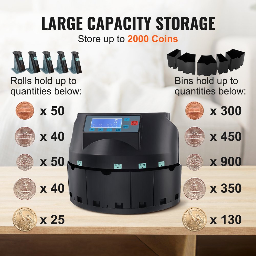 VEVOR USD Coin Sorter Coin Counter Wrapper and Roller 300 Coins/min LCD ...