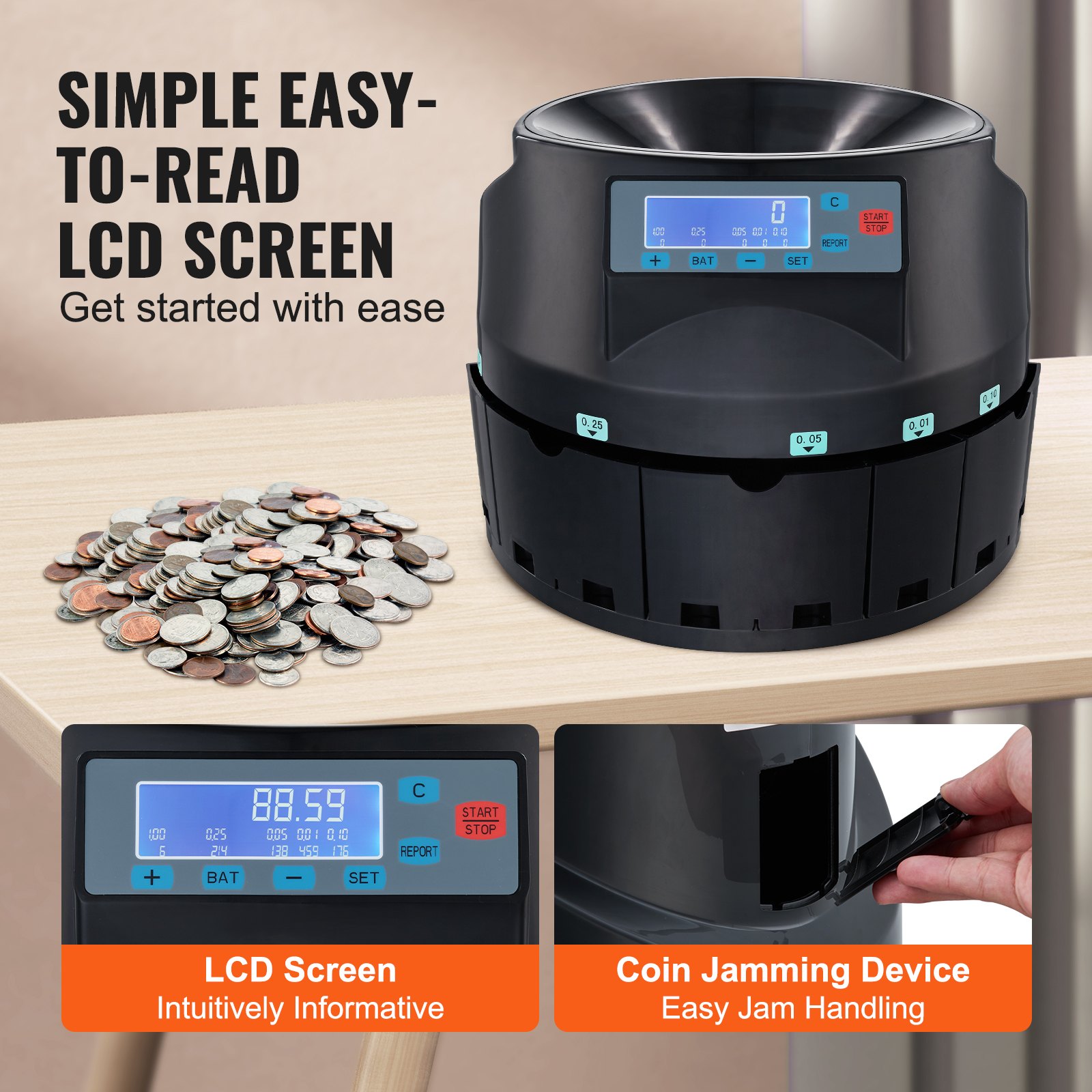 Simple Coin Counter VEVOR USD Coin Counter & Coin Sorters with LCD Display, Coin Sorter ...