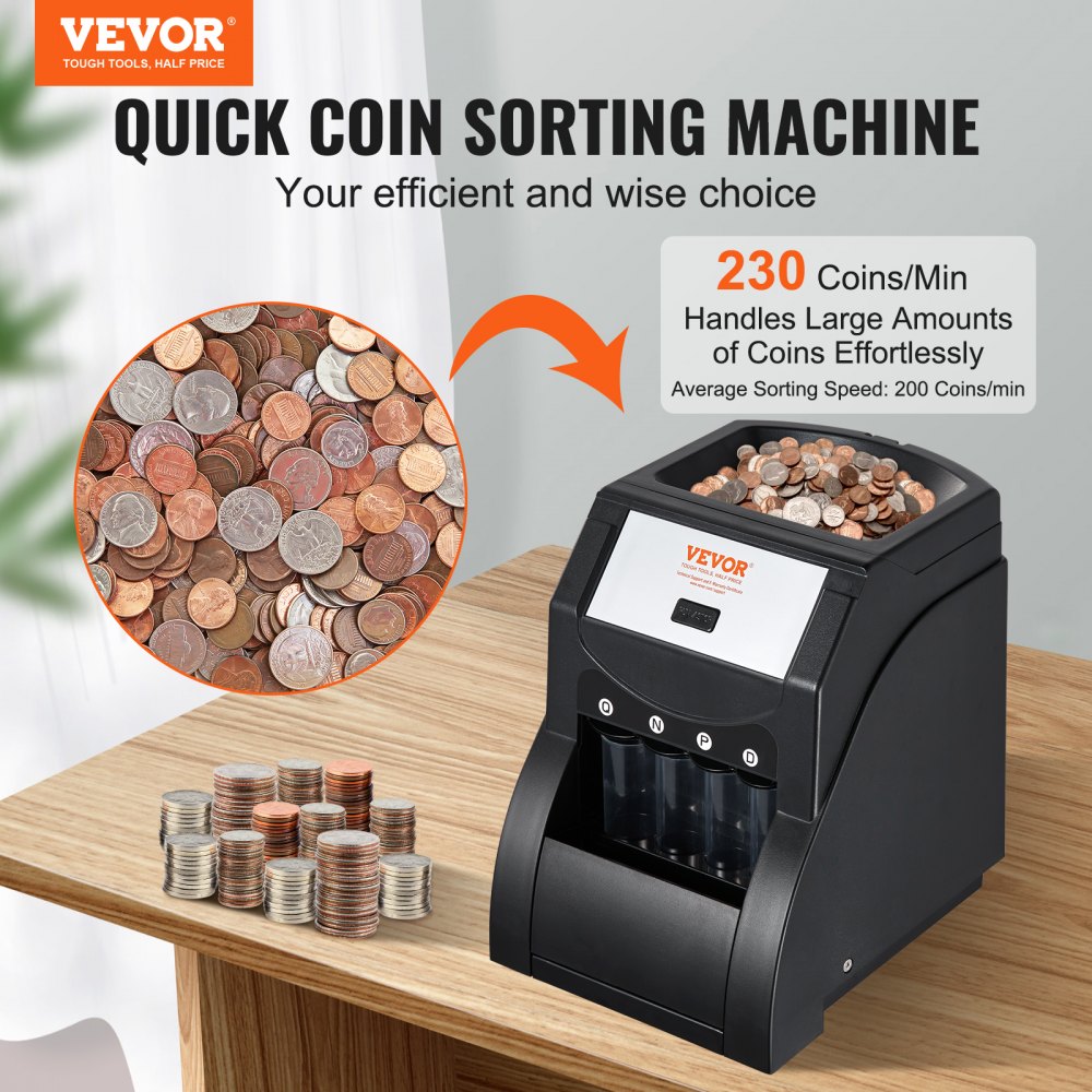 VEVOR USD Coin Sorter Wrapper And Roller 230/300 Coins/min 4 Coin Tubes