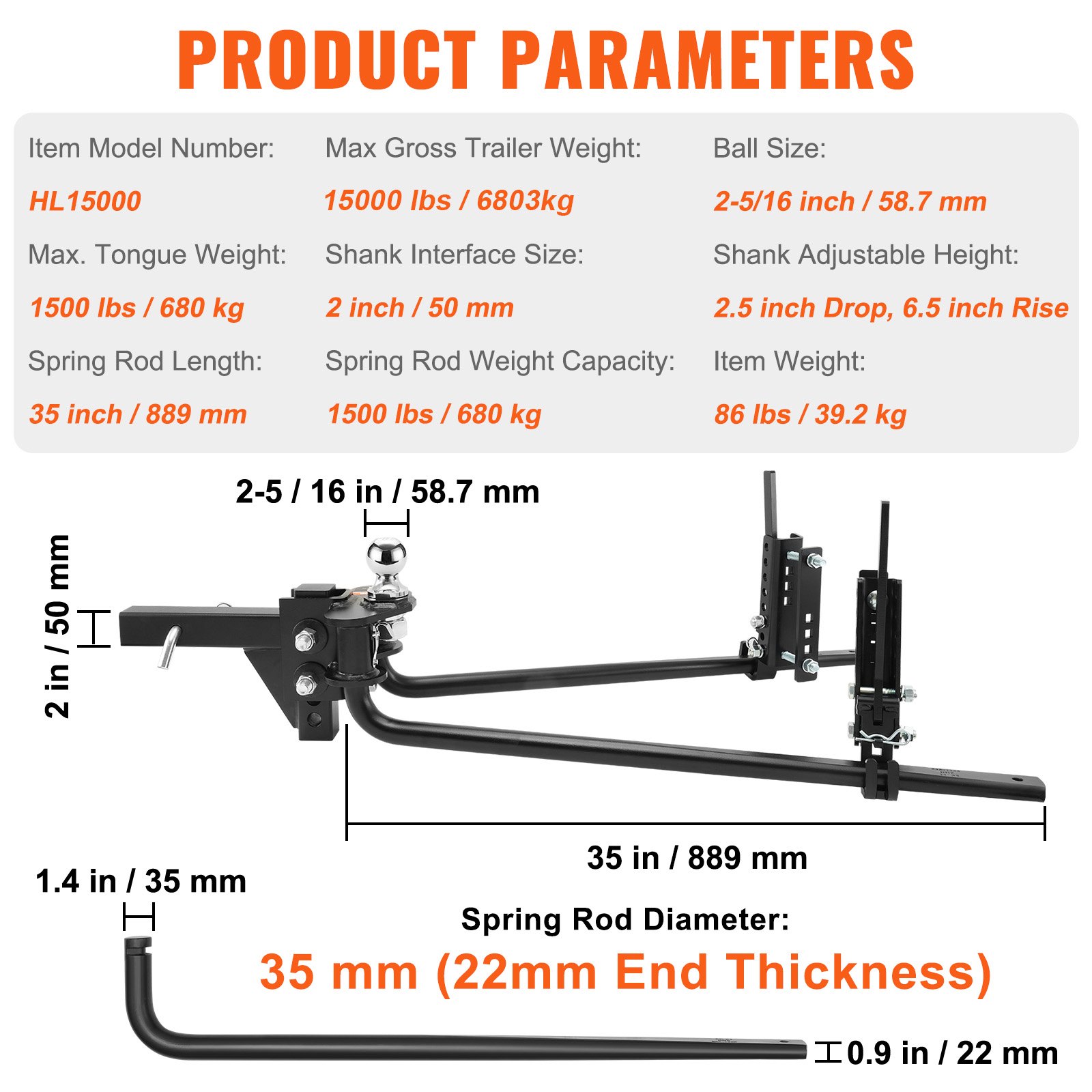 VEVOR Weight Distribution Hitch, 1,500 lbs Weight Distributing Hitches ...