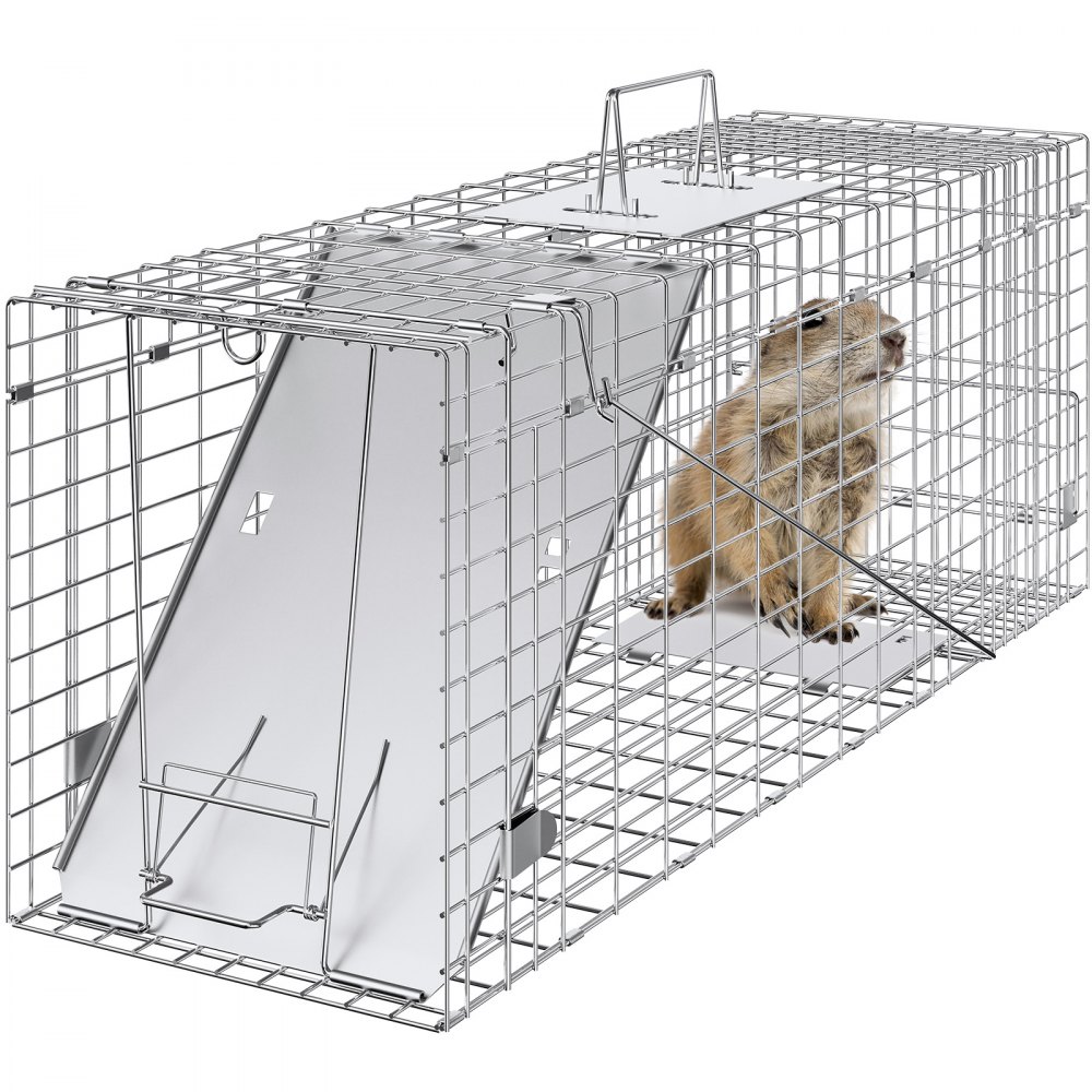 VEVOR Live Animal Cage Trap, 31" x 10" x 12" Humane Cat Trap Galvanized Iron, Folding Animal