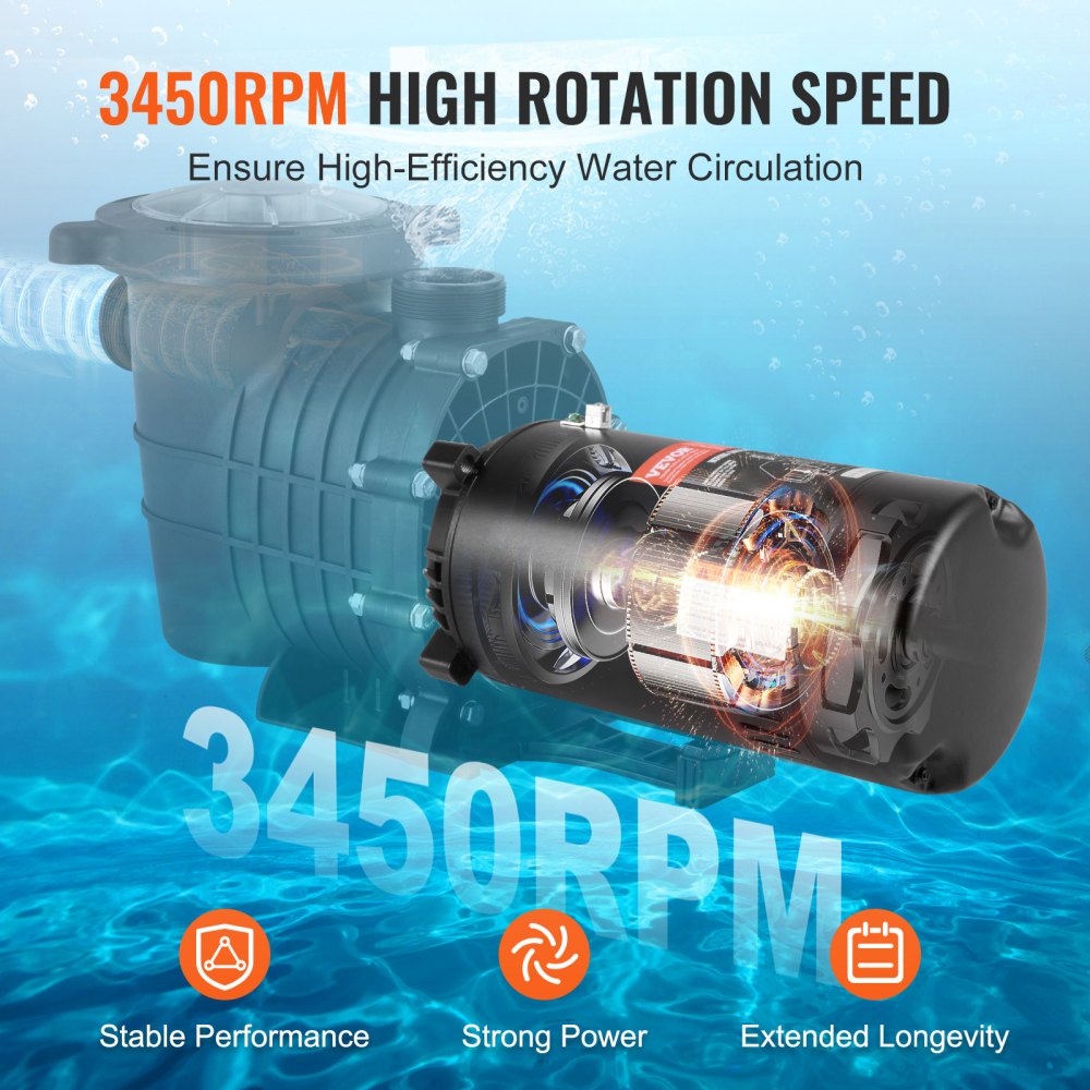 VEVOR 1.5 HP Pool Pump Motor, 56J Frame, 115V(13.6 Amps)/230V(6.8 Amps) 3450 RPM, 60Hz, 1.3 Service Factor, 90?F/250V Capacitor, CCW Rotation Round Flange Replacement Motor main image 1