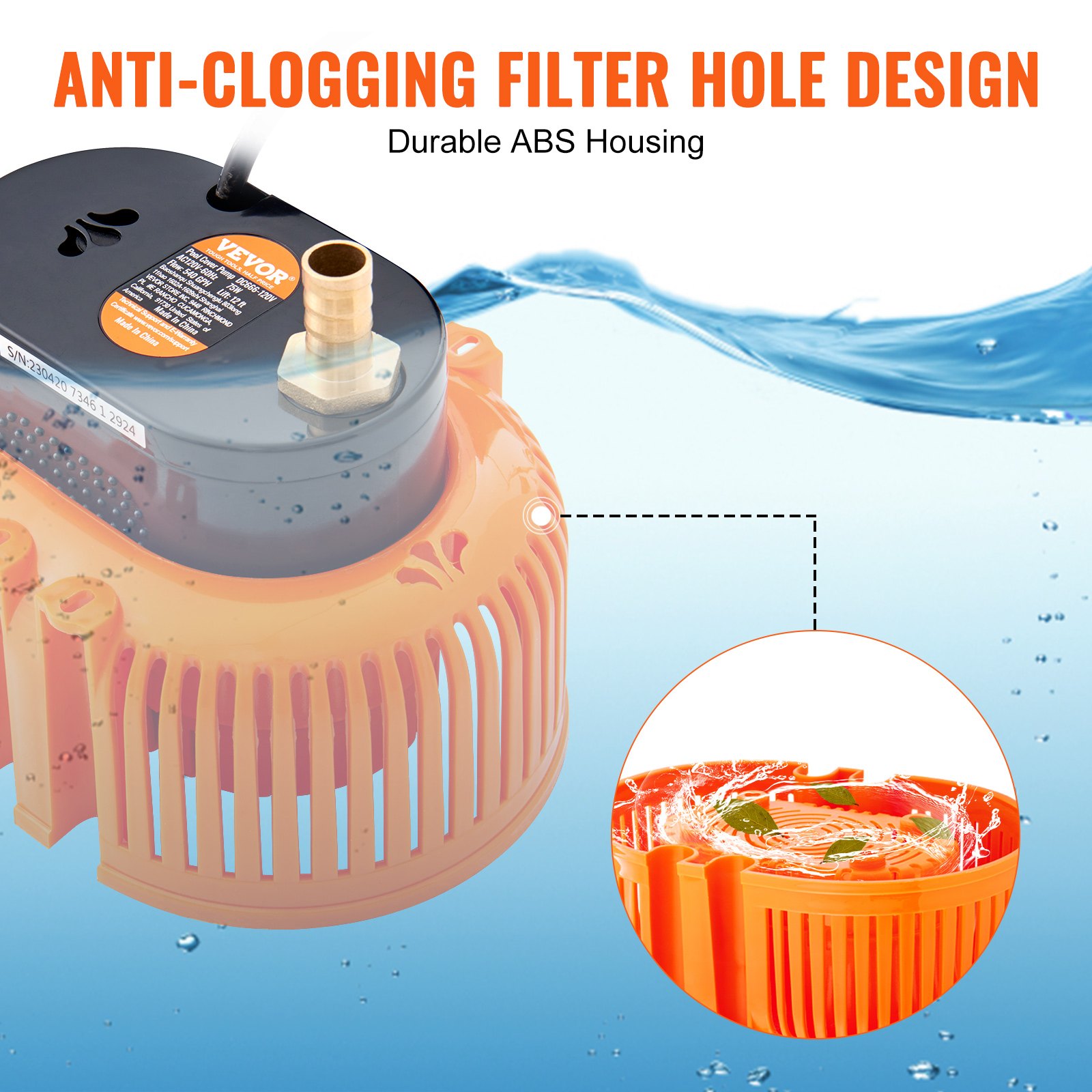 VEVOR Automatic Pool Cover Pump, 1/10 HP 75W 540 GPH, 120V Submersible