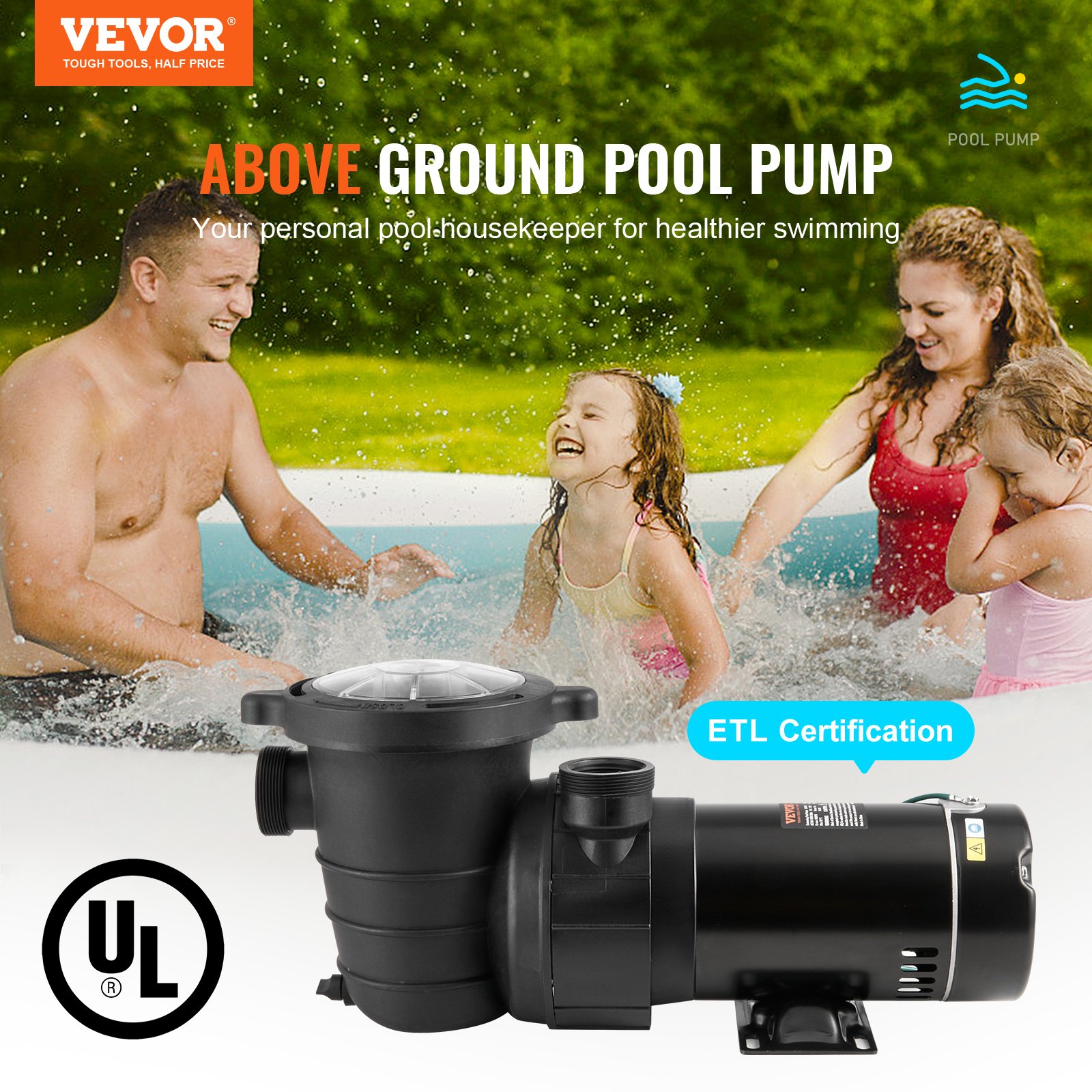 VEVOR Above Ground Pool Pump, 1HP, 80 GPM Max. Flow Single Speed