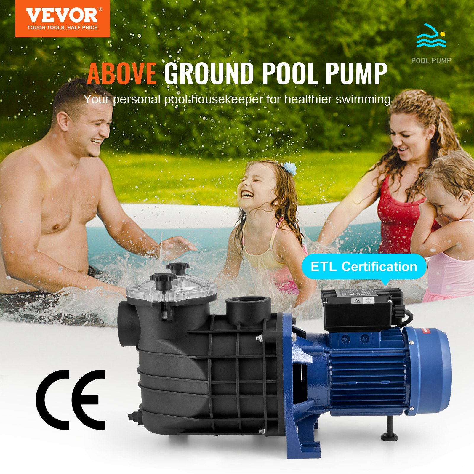 VEVOR Above Ground Pool Pump, 1864W(2.5HP), 454 L/min(120 GPM) Max ...