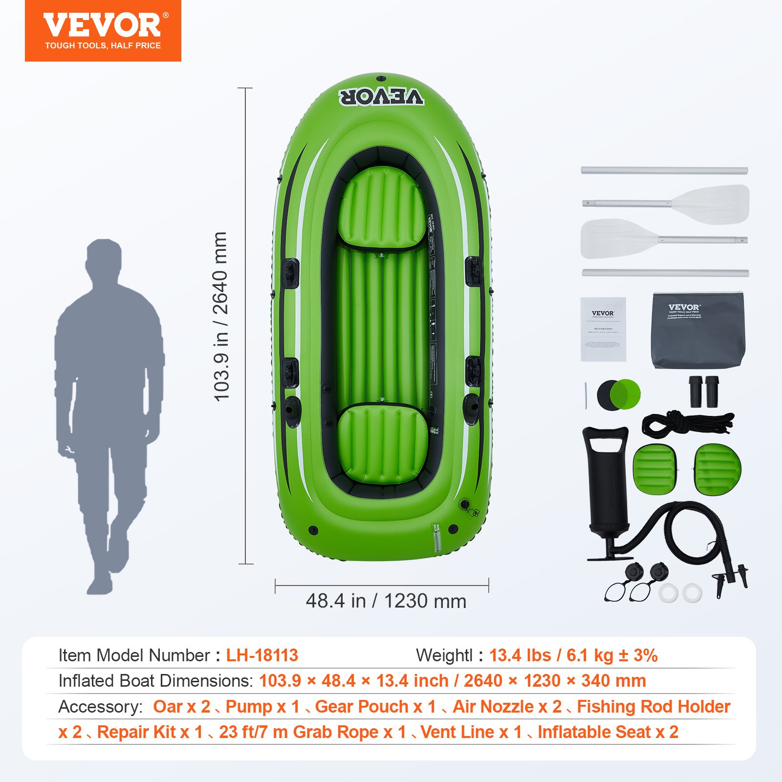 VEVOR Inflatable Boat, 3-Person Inflatable Fishing Boat, Strong PVC Portable Boat Raft Kayak 45 6 Aluminum Oars High Output Pump Fishing Rod Holders An