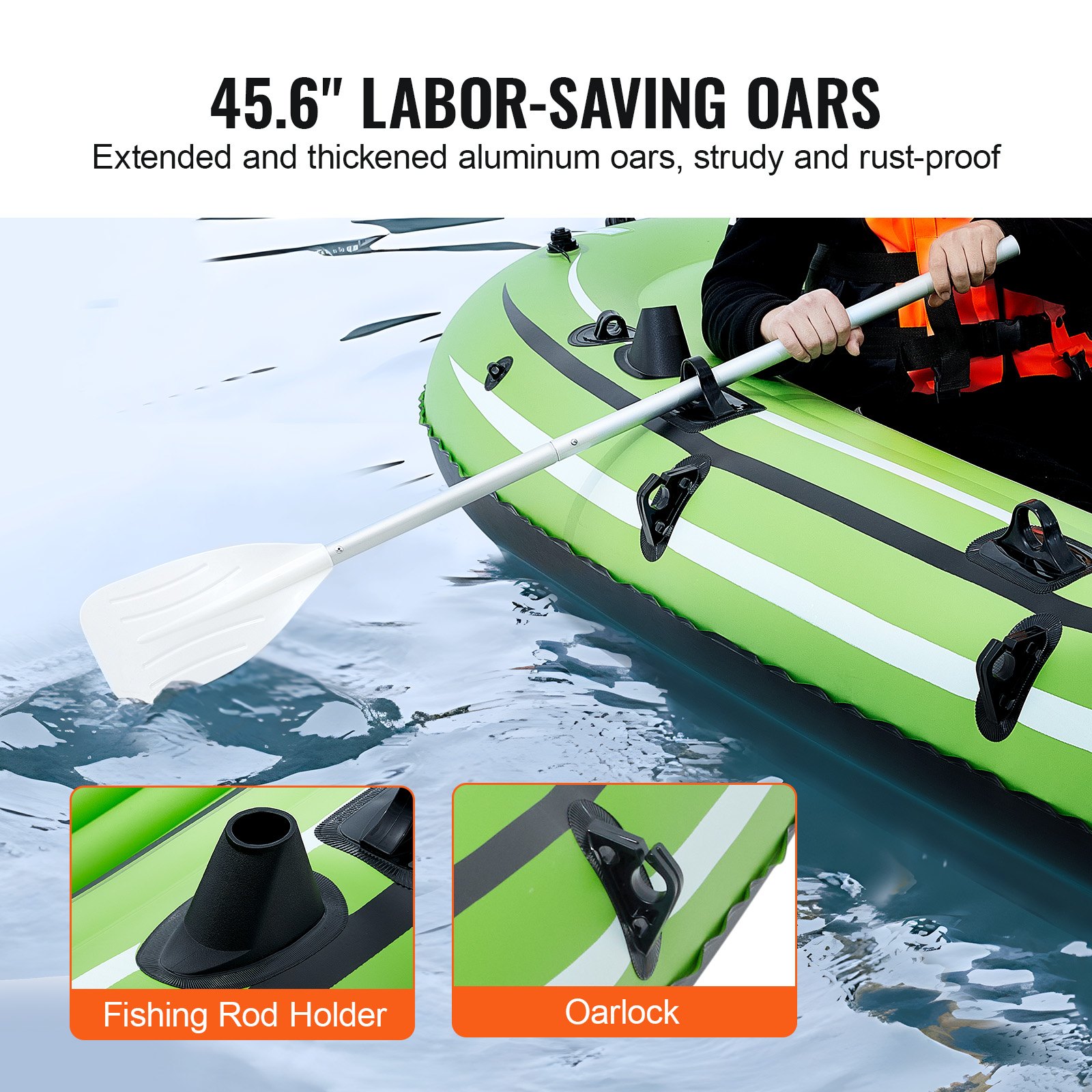 VEVOR Inflatable Boat, 3-Person Inflatable Fishing Boat, Strong PVC Portable Boat Raft Kayak 45 6 Aluminum Oars High Output Pump Fishing Rod Holders An