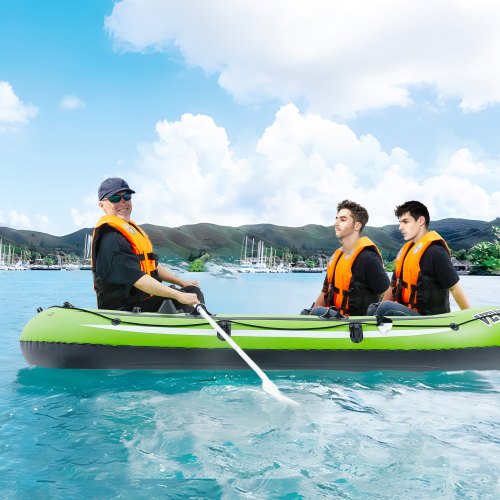 VEVOR Inflatable Boat, 3-Person Inflatable Fishing Boat, Strong PVC Portable Boat Raft Kayak 45 6 Aluminum Oars High Output Pump Fishing Rod Holders An