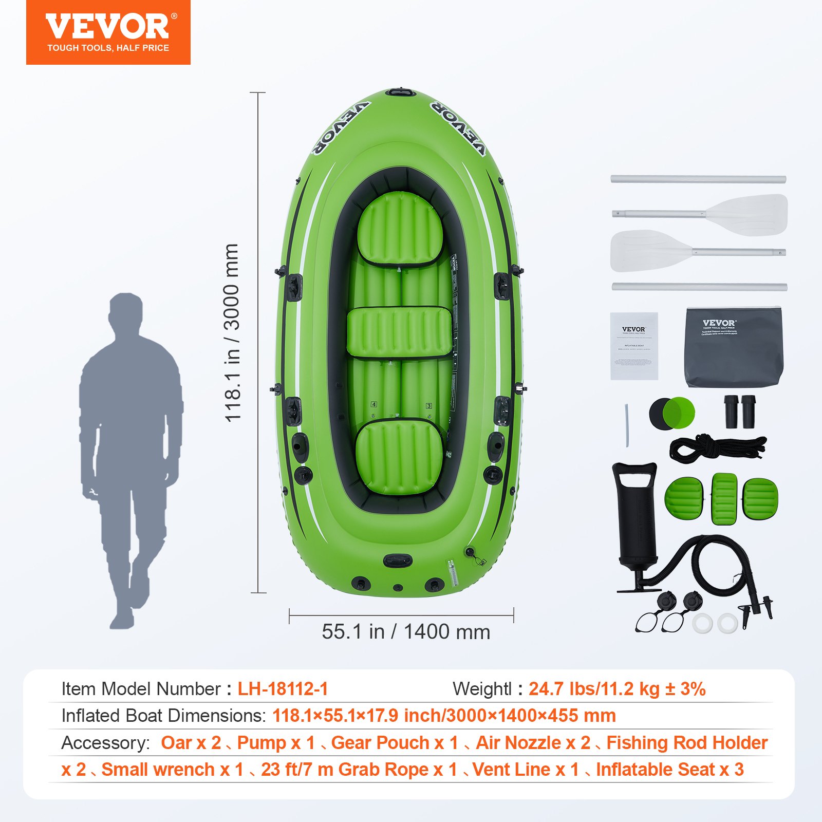 VEVOR Inflatable Boat, 3-Person Inflatable Fishing Boat, Strong PVC ...
