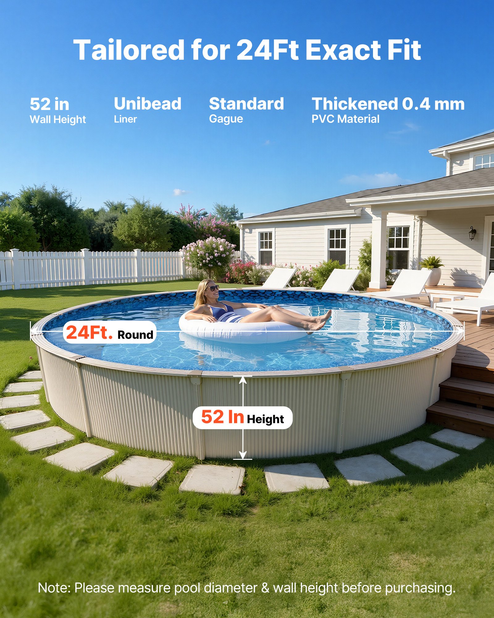 VEVOR 24ft Pool Liner, Round UniBead Swimming Pool Liner for 52 in Wall ...