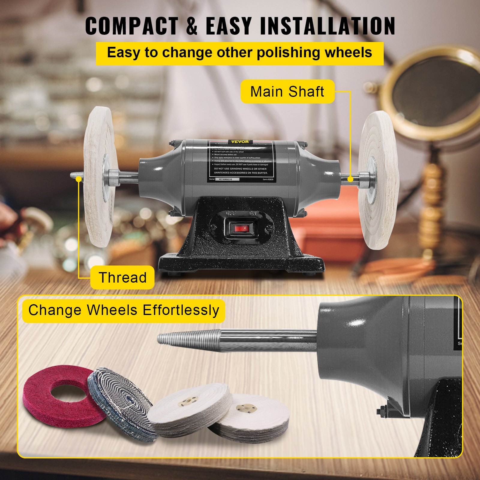 VEVOR Bench Buffer Polisher, 8 inch Buffing Machine 350W 3/4HP Motor ...