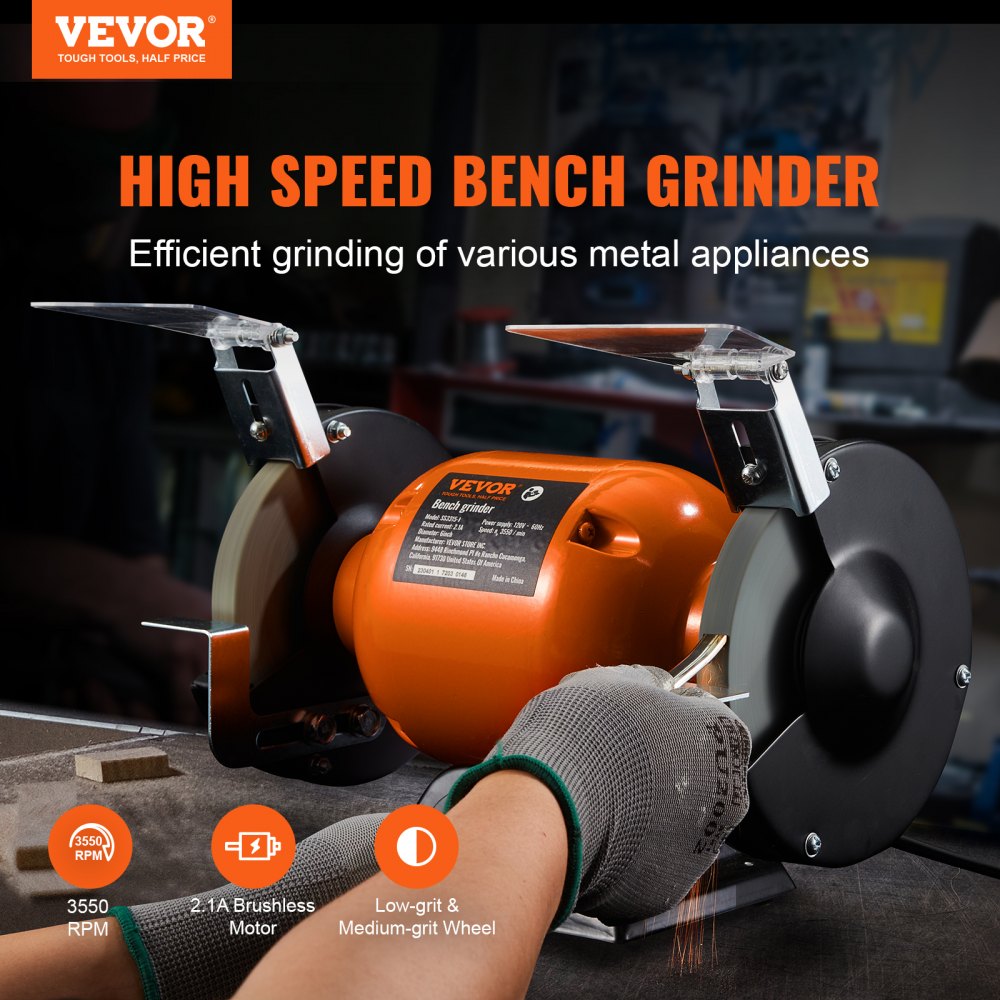 VEVOR Bench Grinder, 6 inch Single Speed Bench Grinder with 2.1A ...