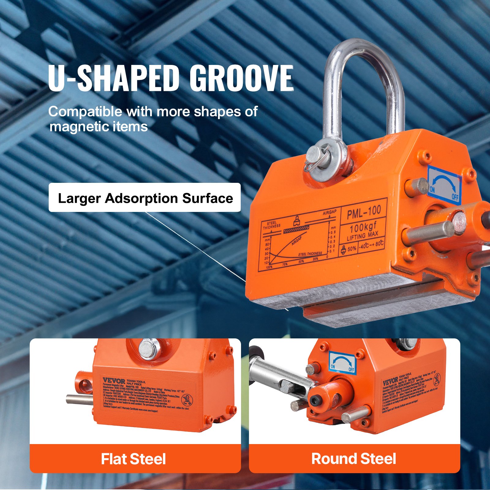 VEVOR Magnetic Lifter, 220 lbs/100 kg Pulling Capacity, 2.5 Safety ...