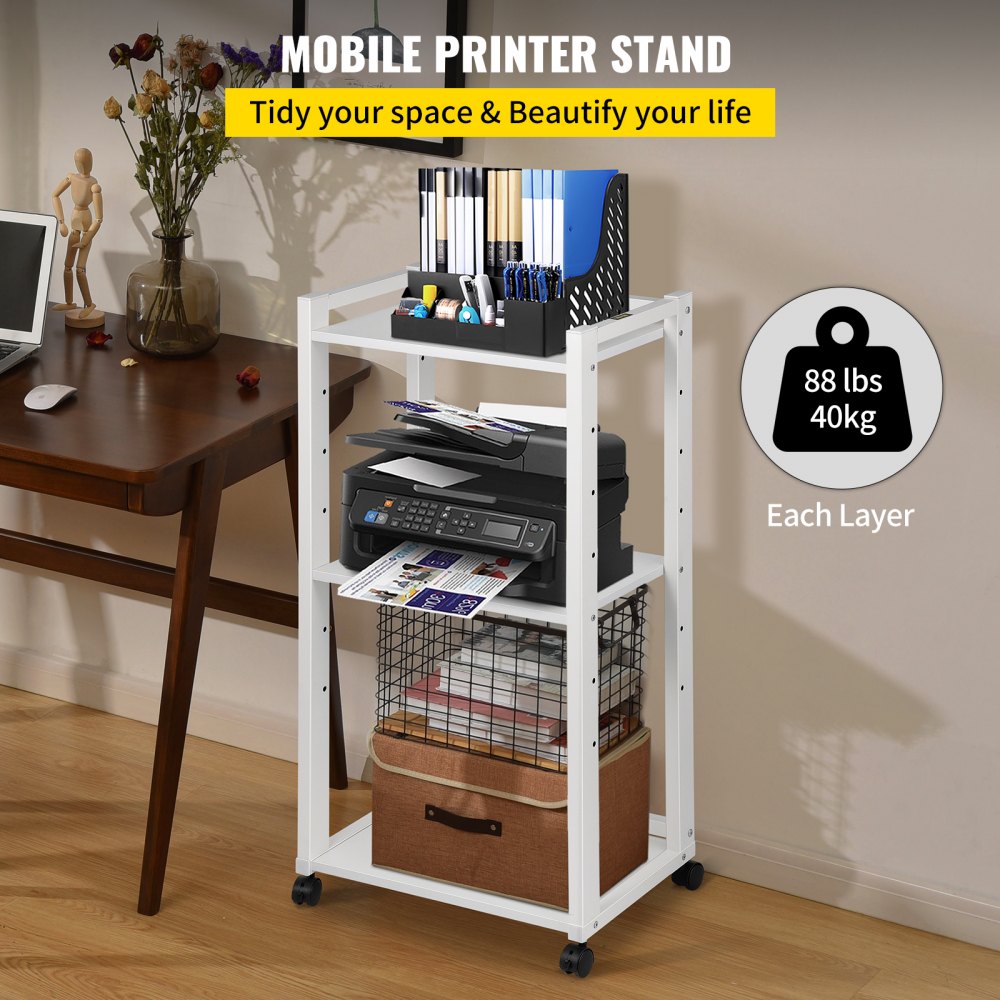 VEVOR Printer Stand, 3-Tier Rolling Printer Cart, Adjustable Storage ...