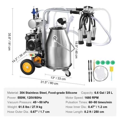 VEVOR Electric Cow Milking Machine, 6.6 Gal / 25 L 304