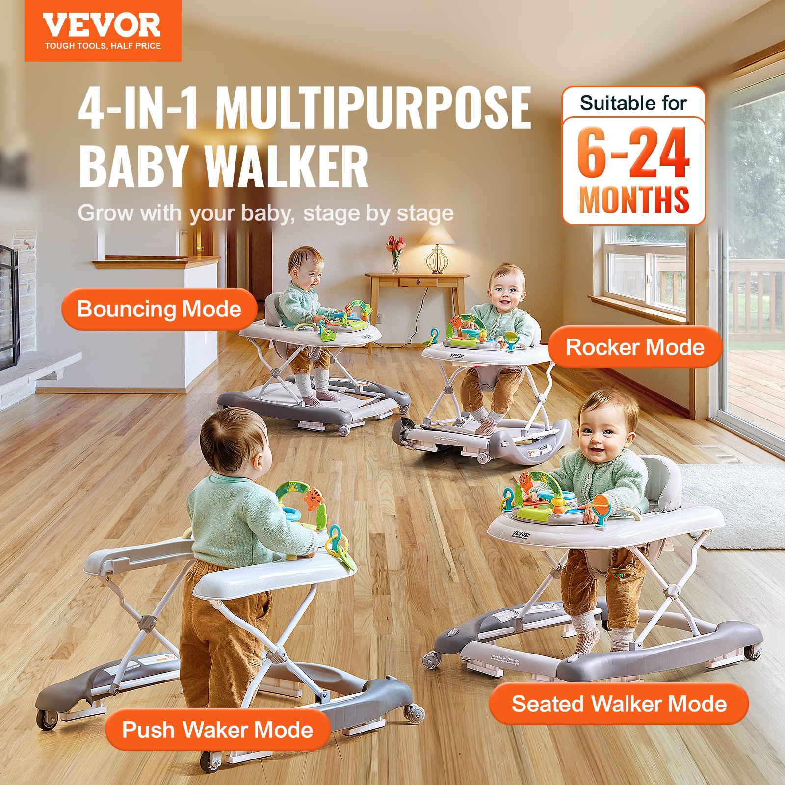 VEVOR 4in1 Baby Walker, Foldable Baby Activity Center on Wheels, 3