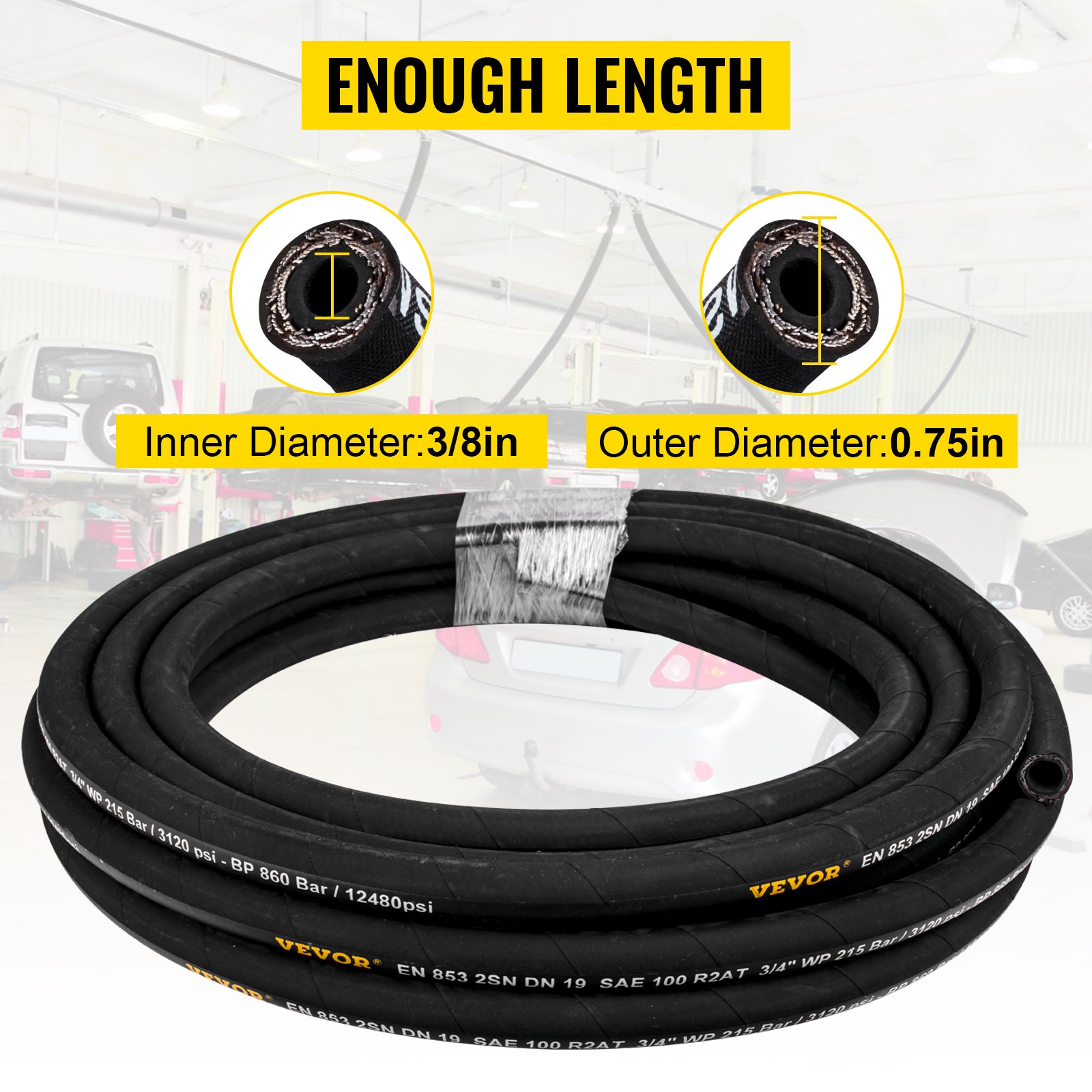VEVOR Hydraulic Hose 3/8 inch x 50 ft, Coiled Hydraulic Hose 4800 PSI ...