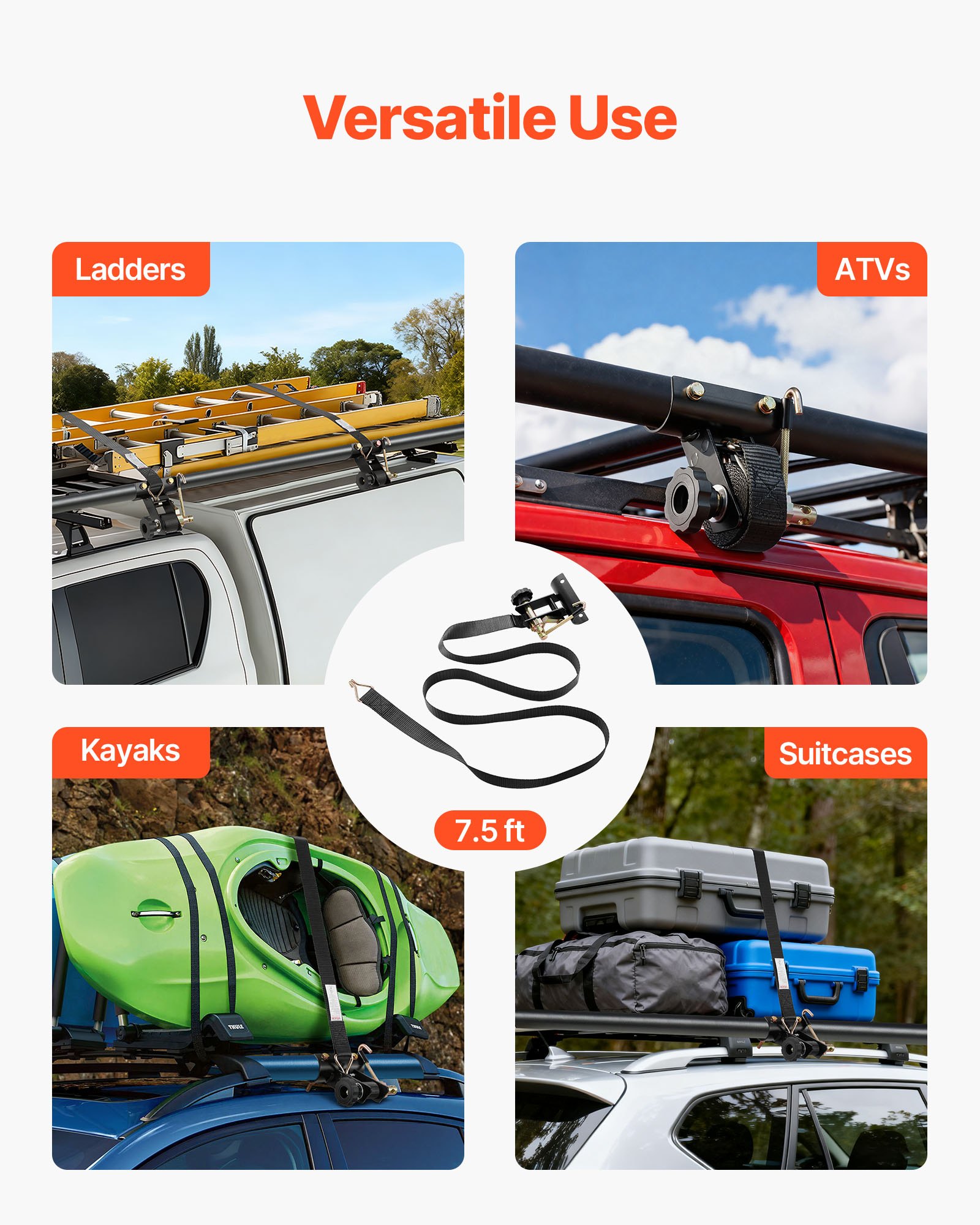 VEVOR Ladder Rack Ratchet Straps, 1.87-2 in Black Round Tube Mount, 1.5 ...