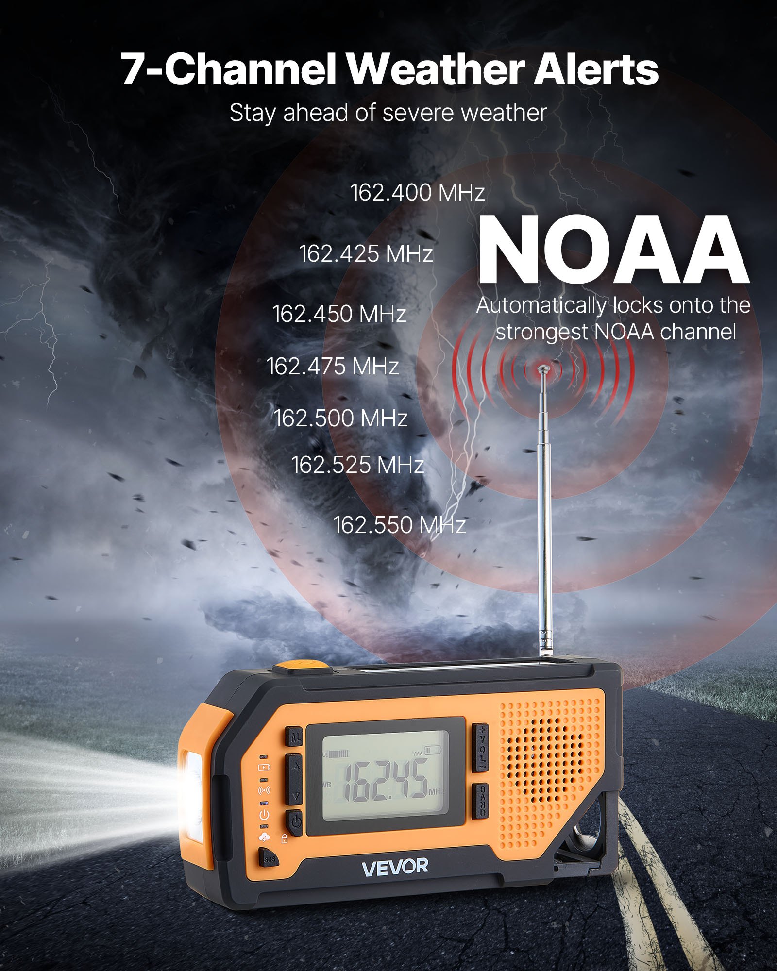 VEVOR Emergency Weather Radio – 2000 mAh, 20 Hrs Non-stop
