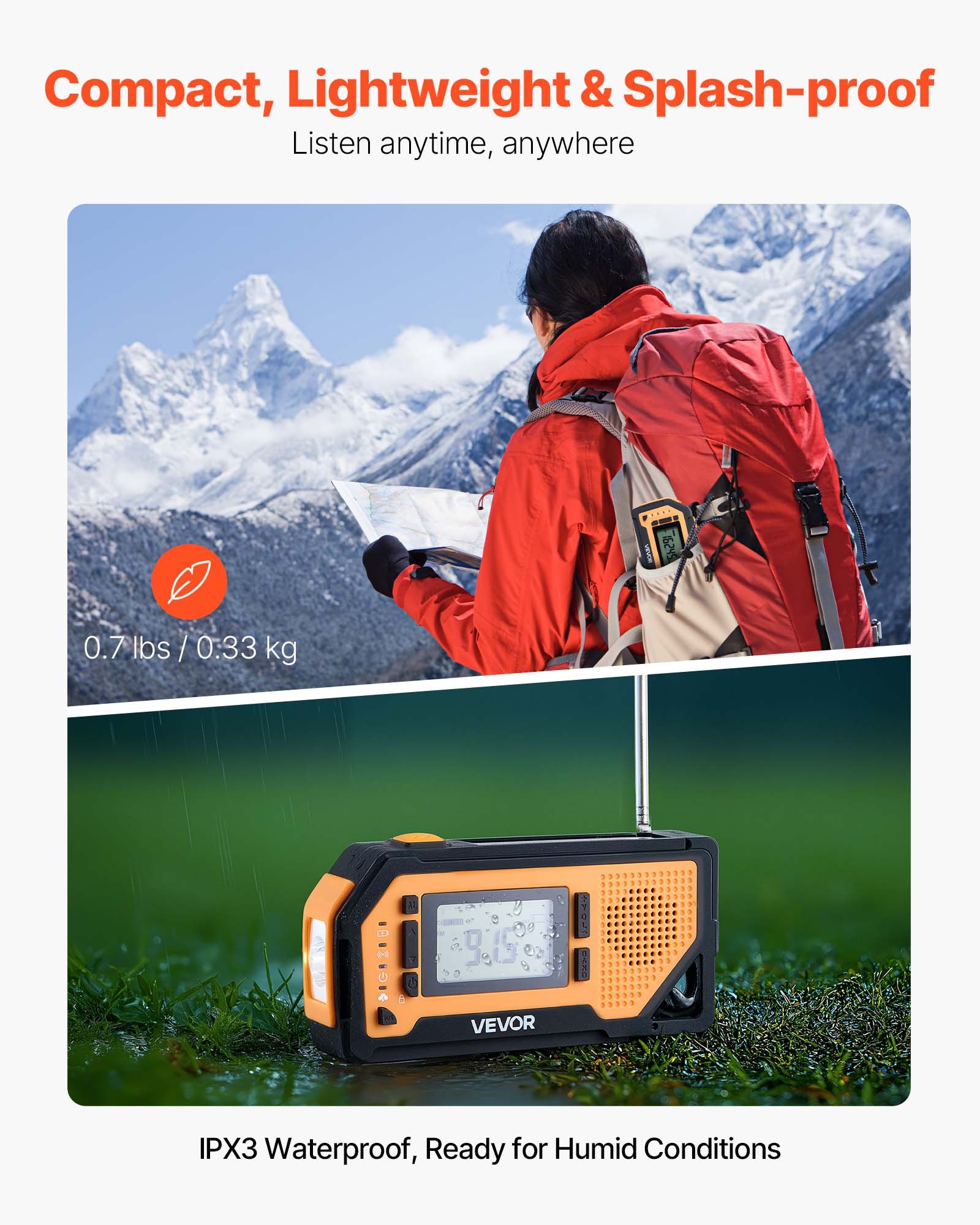 VEVOR Emergency Weather Radio, 2000mAh Battery, FM/AM/WB/NOAA Alert ...