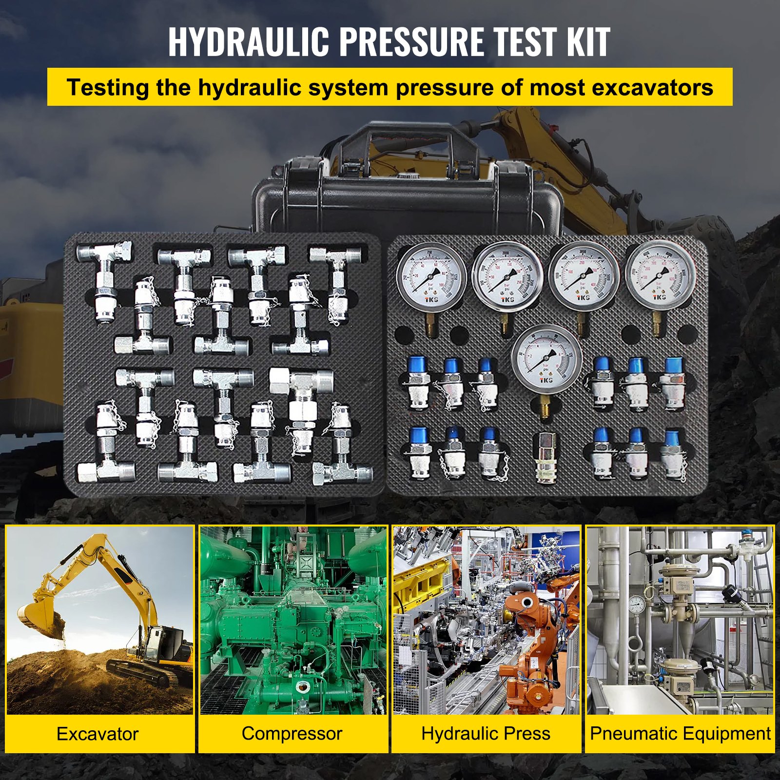 SINOCMP Hydraulic Pressure Gauge Test Kit – 5 Gauges, 5 Hoses, 13 Couplings, 14 Tee Fittings – CP-P0021