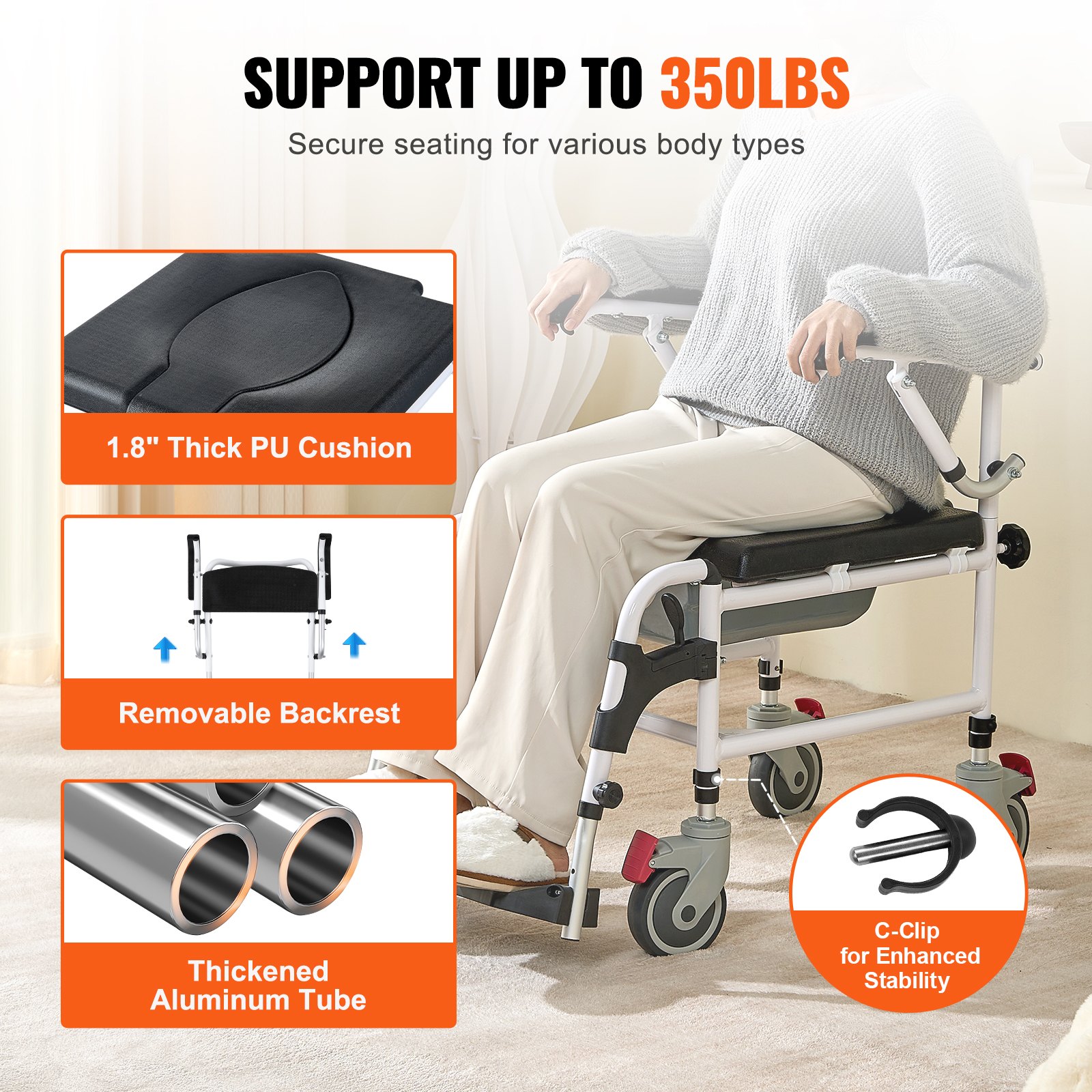 Commode Mobility VEVOR Shower Commode Wheelchair with 4 Lockable Wheels, Footrests, Flip ...