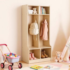 VEVOR Kids Coat Locker – 2-Section, 4 Hooks, Wood Cubby
